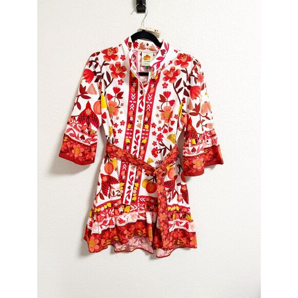 Farm Rio Womens Romantic Orchard Mini Dress Belted Red Floral Small - Picture 2 of 8